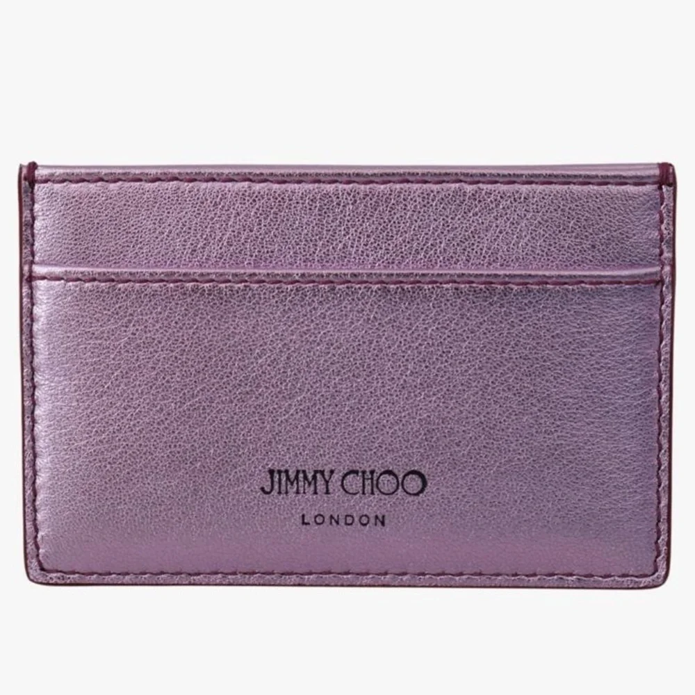 JIMMY CHOO Leather Metallic Lavender Lilac Card Holder logo Wallet NEW